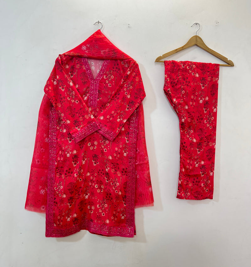 Embroidered 3PC (Lawn) 01-Hot Red