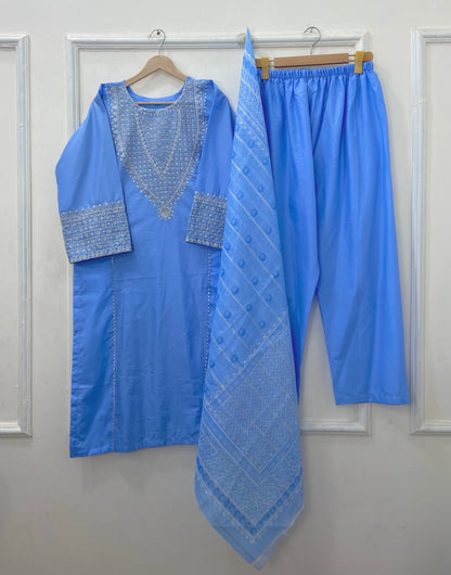 Taj Embroidered 3PC (Premium Cotton) D-458