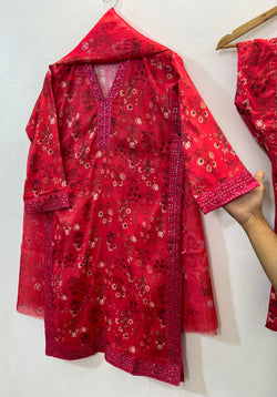 Embroidered 3PC (Lawn) 01-Hot Red