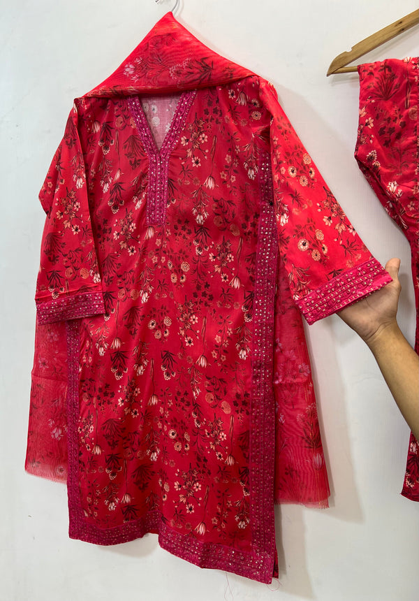 Embroidered 3PC (Lawn) 01-Hot Red