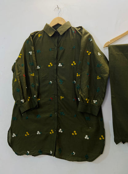 Collar Style Embroidered Co-ord Set (Cotton Lawn) D-53