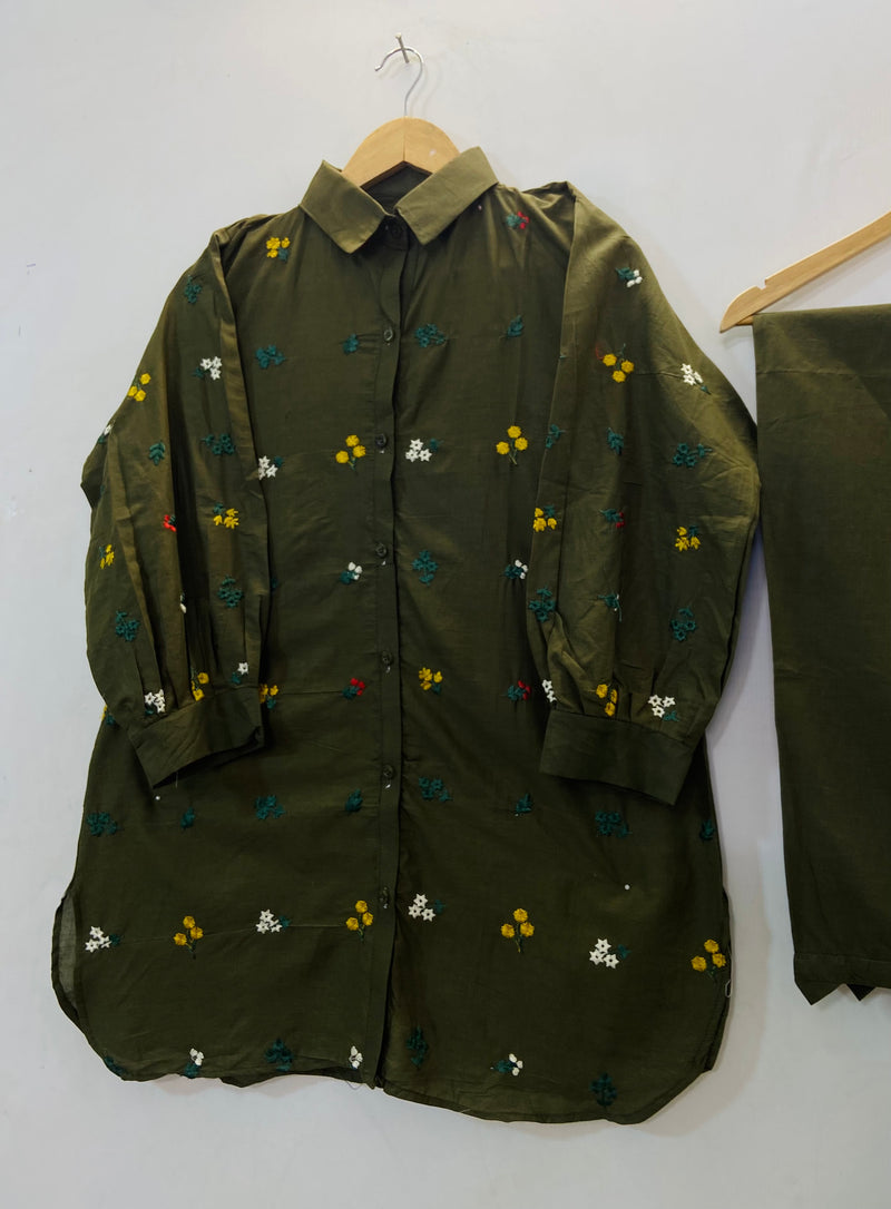 Collar Style Embroidered Co-ord Set (Cotton Lawn) D-53