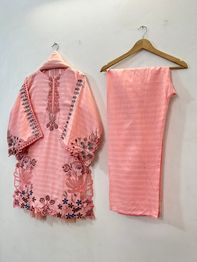 Cutwork Embroidered 3PC (Cotton Lawn) 04-Light Pink