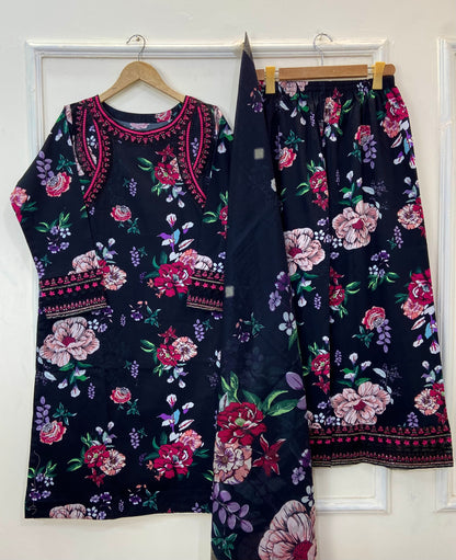 Embroidered Floral Midnight 3PC (Best Seller) (Khaddar) D-208