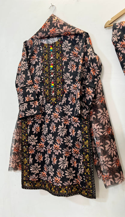 Embroidered 3PC Lawn 02-Black