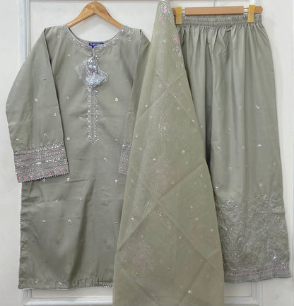 “Dhanak” Embroidered 3PC (Cotton Silk) D-407