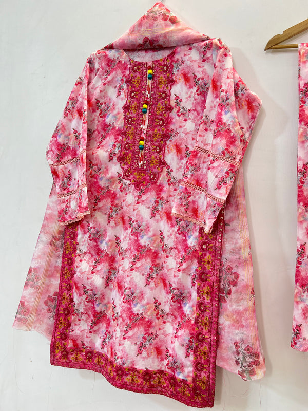 Embroidered 3PC (Lawn) 02-Redish Pink