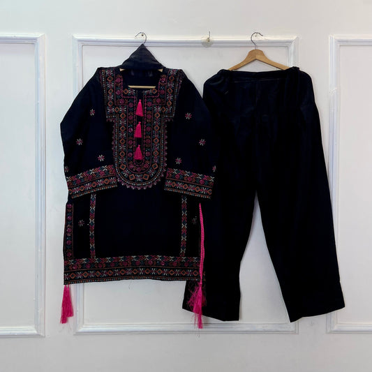 Black Balochi Embroidered 3PC (Premium Cotton) D-338